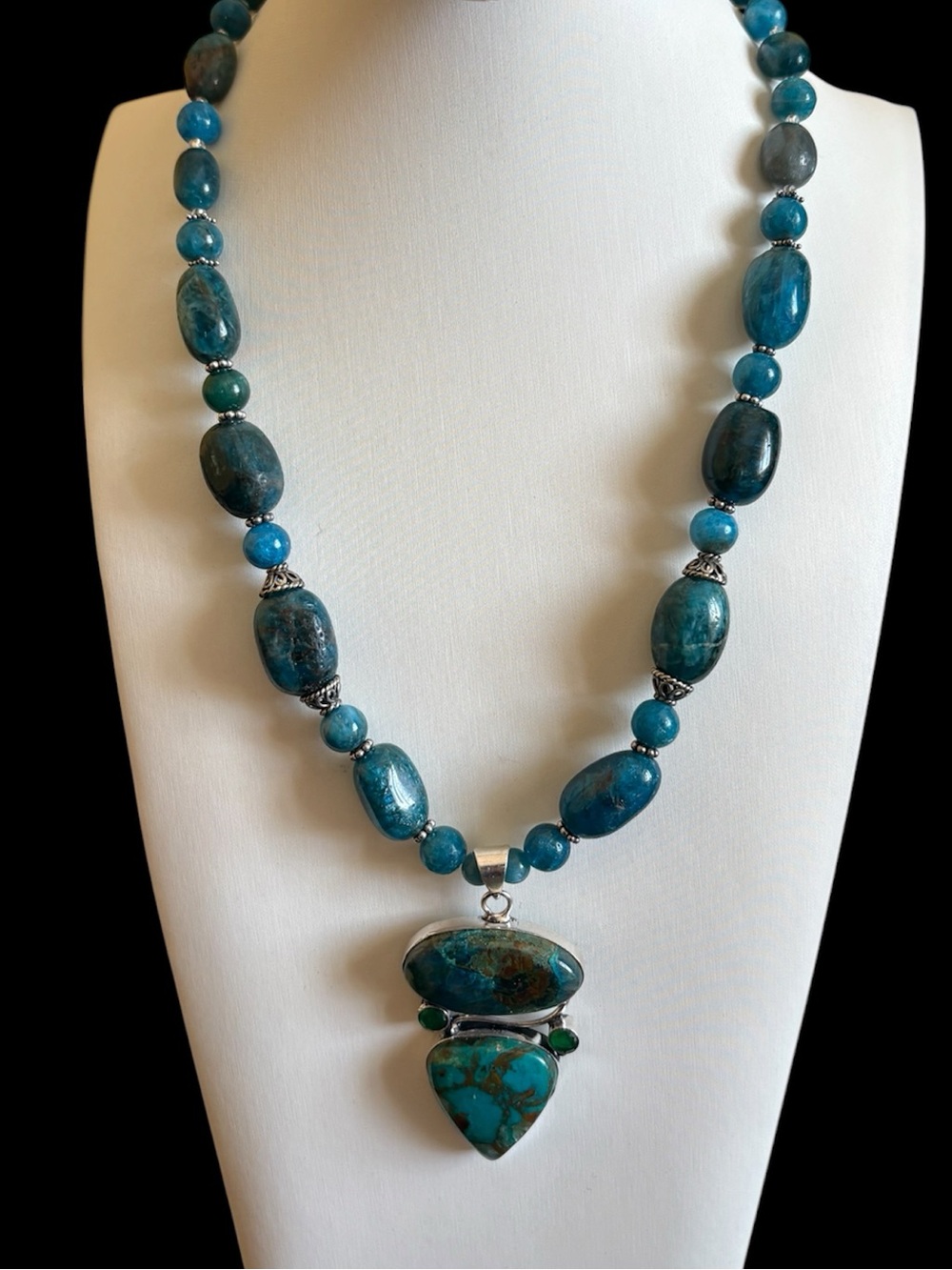 New!OOAK Handmade Artisan Genuine Apatite Chrysocolla Gemstone Sterling Necklace